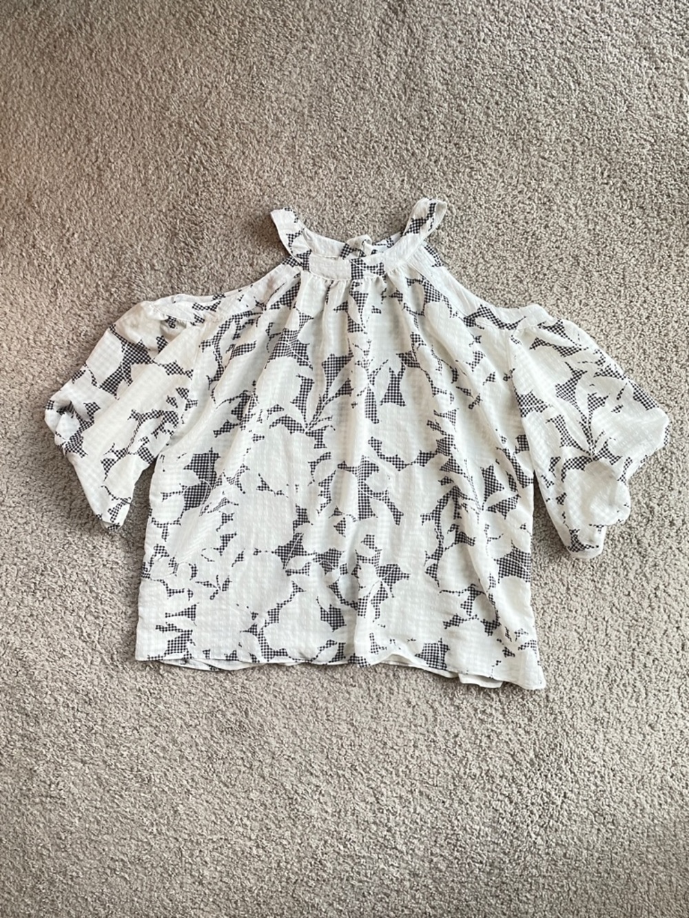 Ann Taylor White Floral Black Gingham Cold Shoulder Flowy Blouse Top Size XXL